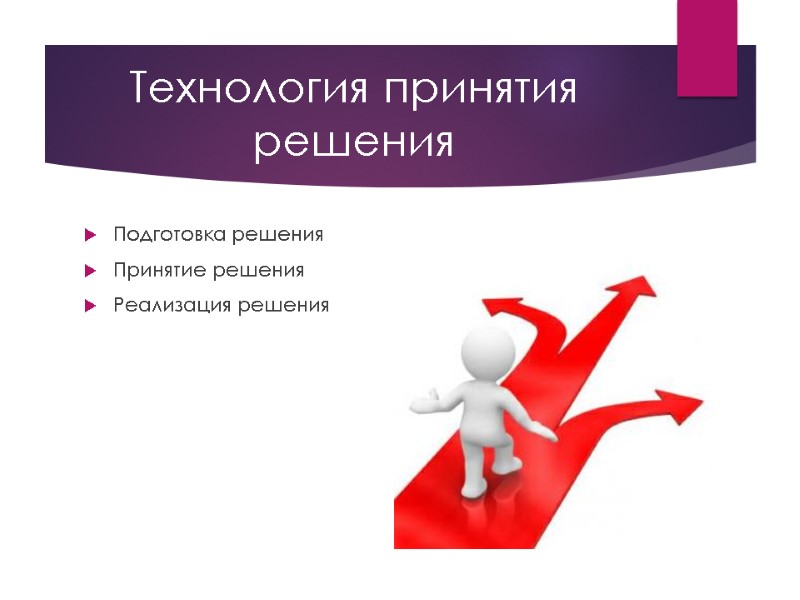 Технология принятия решения Подготовка решения Принятие решения Реализация решения